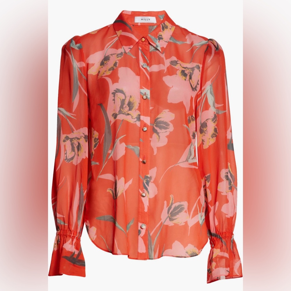 Milly Lacey Floating Botanica Button-Front Blouse - Size L
